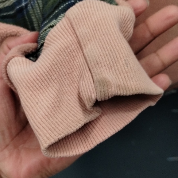 Entro Peach Fleece Pullover Sweater with Green Plaid Accents Cabincore Size M - Picture 6 of 16